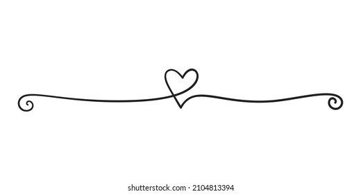 Heart line divider love symbol, Continuous one line drawing heart shape and swirl decoration, Black and white vector minimalist illustration made of one line
