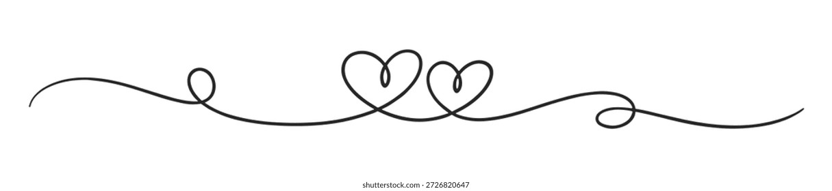Divisor de línea de corazón, borde de arte de línea continua romántica, Ilustración vectorial de adorno de remolino mínimo sobre fondo transparente