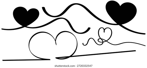 Cinta de dibujo de línea de corazón en boceto de doodle de Vector. Boda, día de San Valentín amor corazón garabato línea de fondo. Vector del amor, dibujo continuo de una línea. Ilustración vectorial. Borde del corazón, Anuncio continuo del corazón del arte de la línea, sistema del divisor