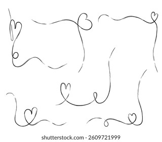 Heart line frame. Doodle hand drawn love art border with continuous stroke for wedding decoration. Abstract romantic corner motif. Separate elegant scribble element for card. Handdrawn ink design