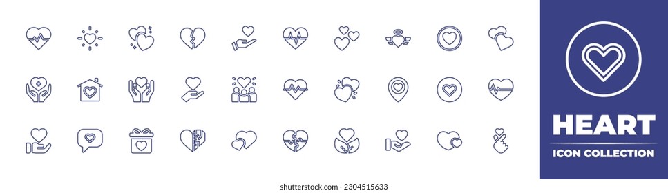 Kollektion von Herzliniensymbolen. Bearbeitbarer Strich. Vektorgrafik. Mit Kardiogramm, Glanz, Herz, Gesundheit, Herzschlag, Haus, Spende, Liebe, wie, Ort, Geschenk, künstliches Herz, Herzen.