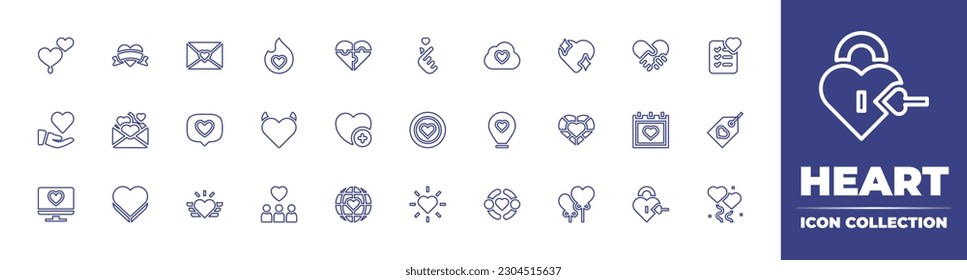 Heart line icon collection. Editable stroke. Vector illustration. Containing heart, envelope, passion, puzzle, love, cloud, united, wishlist, love letter, like, devil, like button, calendar, label.