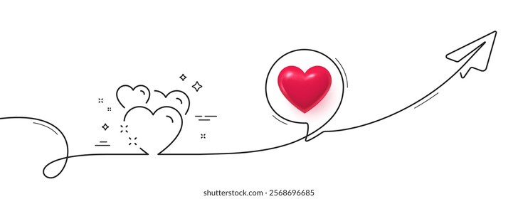 Heart line icon. Continuous line with share plane. Love emotion sign. Valentine day symbol. 3d heart in speech bubble. Heart single line ribbon. Loop curve pattern. Vector