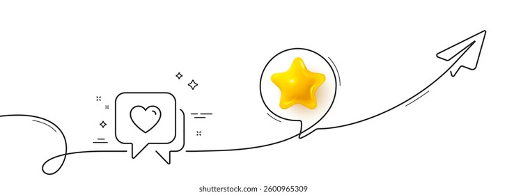 Heart line icon. Continuous line with share plane. Love chat sign. Valentine day symbol. 3d star in speech bubble. Heart single line ribbon. Loop curve pattern. Vector