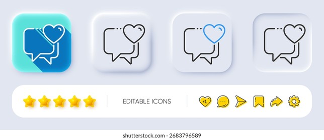 Ícone da linha do coração. Neumórfico, sombra plana, botões 3d. Adoramos o sinal de chat. Símbolo do dia dos namorados. Ícone de coração de linha. Ícones de mídia social. Vetor