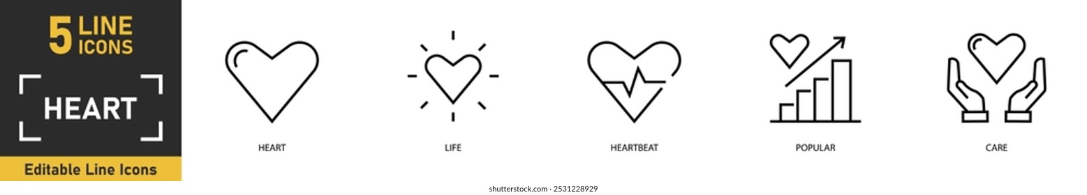 Conjunto de ícones da linha do coração. Conjunto de 5 ícones de contorno relacionados ao coração, vida, batimento cardíaco, popular, cuidado e muito mais. Ilustração vetorial.