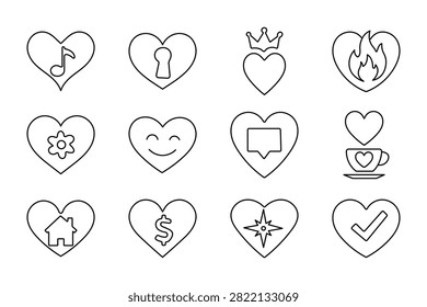 Heart line icon set features music note, crown, fire, smile face, coffee cup, house, and dollar symbols in vector format.