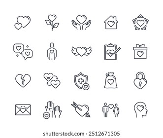 Heart line icon set. Simple symbols with charity, heartbeat, love and mental health. Editable stroke. Design element for app or website. Outline vector illustration collection isolated on background