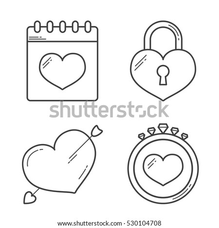 Heart line icons - calendar, lock, cupids arrow and ring, vector eps10 illustration