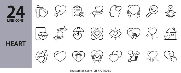 Heart line icons set with Love, Hand, Gift, Core Values, Friendship, Hope, Charity, Help, Health, Anger and more. Editable Stroke