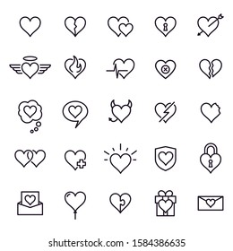 Heart line icons. Styling heart decoration elements, love and friendship symbols and outline lovely pictograms vector isolated icons set. Affection contour sign pack. Romance thin line illustrations
