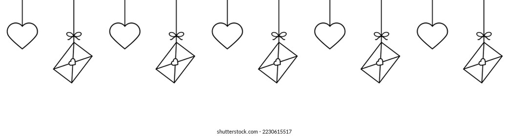 Heart line icons.Hanging hearts garland.Set of simple hearts and envelopes .Valentine's Day seamless pattern. Hearts garland isolated on a white background. Valentine's day decoration.