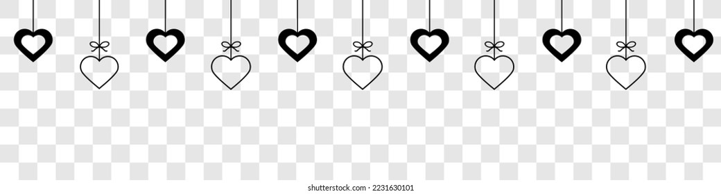 Heart line icons.Hanging hearts garland.Set of simple hearts.Valentine's Day seamless pattern. Hearts garland isolated on a transparent background. Valentine's day decoration.