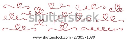 Heart line love set. Heart line outline swirl ribbon calligraphy hand drawn red element design wedding graphic vector. Romantic doodle brush flourish elegant border love shapes. Vector illustration
