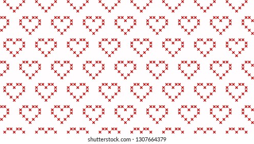 Heart line pattern geometric background cross stitch embroidery cute elements motif abstract minimalist fabric print classy ornament graphic style. Casual repeating textile design, white, red colours.