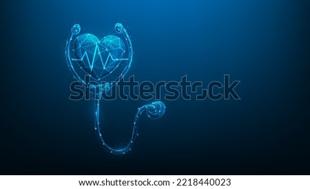 heart and line pulse with stethoscope digital technology. healthcare and medical hologram low poly wireframe. Doctor concept and physical examination.  hospital and treatment blue dark background.