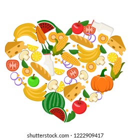 Heart lined with vegetables, fruits, bread and milk. Healthy diet.