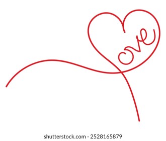 Heart with lines love romantic valentines day handwritten. Continuous one line drawing of red heart isolated on white backgroun. Calligraphy drawing hearts. Words love symbol for passion, wedding card