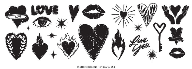 Heart linocut icon set, romantic gothic love y2k sign, 90s grunge texture print kit, flame, ribbon. Valentine Day aesthetic cut effect shape holiday boho engraving silhouette. Heart linocut collection