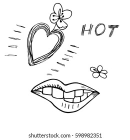 Heart lips flowers set Hand drawn sketched vector illustration. Doodle graphic