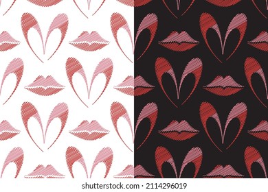 Heart, Lips symbol seamless pattern. Embroidery effect, hand drawn doodle stitched style cartoon illustration, red pink tones color palette. Transparent background. Vector