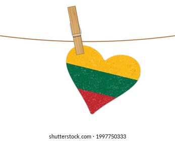 Heart Lithuania flag on clothesline. Vector illustration on a white background.
