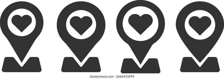 Conjunto de iconos de ubicación del corazón, símbolo de puntero de mapa del corazón, símbolo de pin de ubicación negro, iconos de puntero de marcador de mapa, Plantilla de relaciones humanas,
