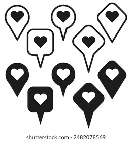 Heart location icons. Black vector set. Love map markers. Simple pin symbols.