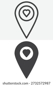Heart location pin different style icon set. Line, outline and solid icon vector sign symbol with editable stroke. Love place icon for favorite destinations.