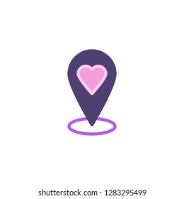 Heart location pin flat icon, vector sign, colorful pictogram isolated on white. Map pointer heart symbol, logo illustration. Flat style design