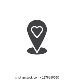 Heart location pin vector icon. filled flat sign for mobile concept and web design. Map pointer heart simple solid icon. Symbol, logo illustration. Pixel perfect vector graphics