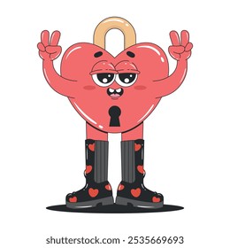 Heart lock cartoon character. Isolated sticker for Valentine's day in retro groovy style.