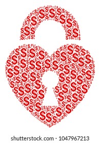 Heart Lock composition of dollars. Vector dollar symbols are organized into heart lock collage.
