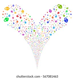 Heart Lock fireworks stream. Vector illustration style is flat bright multicolored iconic symbols on a white background. Object double fountain created from random pictograms.