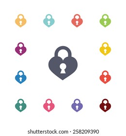 heart lock flat icons set. Open colorful buttons 