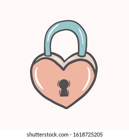 Heart lock. Freehand colored doodle drawing. Valentine's day illustration