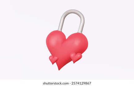 Heart lock icon lover Happy valentine's day concept on pink background emotion relationship cute realistic glossy element design cartoon style dating romantic banner 3D vector illustration.