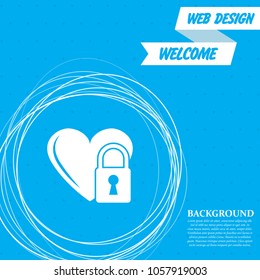 heart lock icon on a blue background with abstract circles around and place for your text. Vector illustration