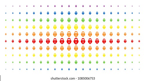 Heart lock icon spectrum halftone pattern. Vector heart lock items are arranged into halftone matrix with vertical spectrum gradient. Constructed for backgrounds, covers,