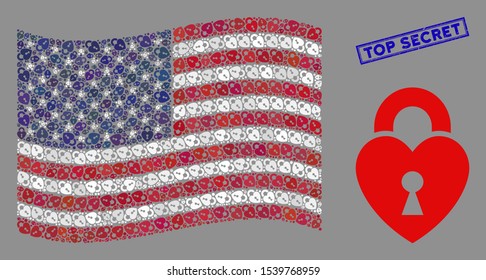 Heart lock icons are arranged into American flag abstraction with blue rectangle rubber stamp watermark of Top Secret caption.