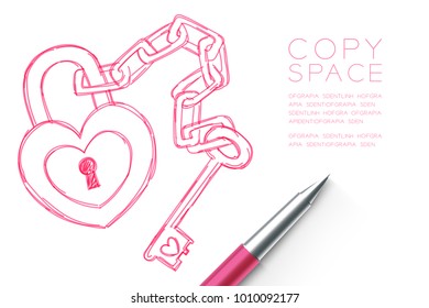 Heart lock and key chain love couple symbol hand drawing by pen sketch pink color, valentine concept design illustration isolated on white background, with copy space