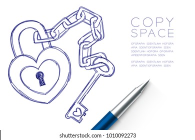 Heart lock and key chain love couple symbol hand drawing by pen sketch blue color, valentine concept design illustration isolated on white background, with copy space