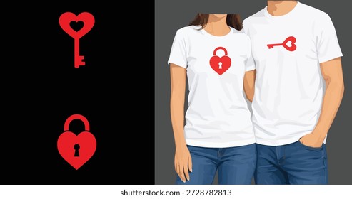 Heart Lock and Key Couple Matching Design Vector for Apparel full Customizable design. Valentine Love Symbol Illustration