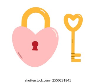 Cerradura del corazón y decoración de la llave para el día de San Valentín. Ilustración aislada de Vector plano