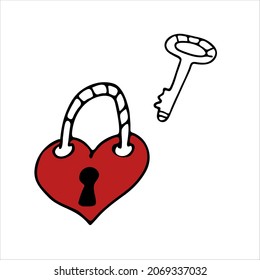 Heart lock and heart key in doodle style. A romantic declaration of love and feelings. For the design of congratulations on Valentine's Day. Vector illustration