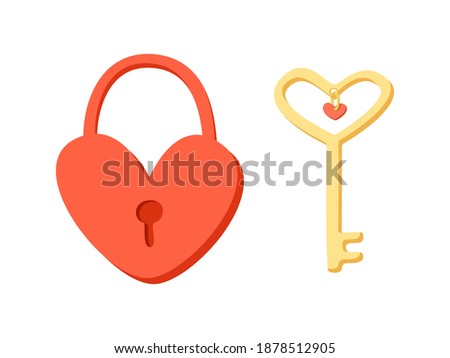 Heart lock and heart key in doodle style isolated on white background. Declaration of love and romantic feelings. For design of greeting card banner flyer for Valentine's Day. Vector illustration