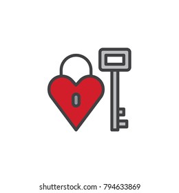 Heart lock with key filled outline icon, line vector sign, linear colorful pictogram isolated on white. Valentines day symbol, logo illustration. Pixel perfect vector graphics
