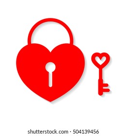 Heart lock and key. Flat design, vector illustration isolated on white background.