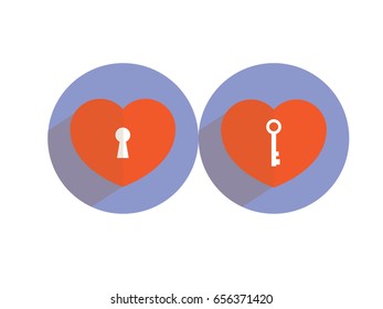 Heart lock and key. Flat design