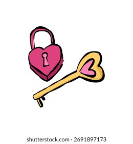 Heart lock and key hand drawn style vector illustration colorful on white background